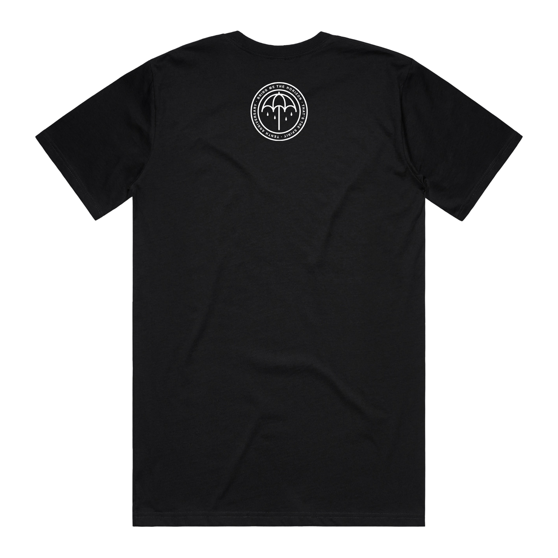 Black short-sleeve T-Shirt with a round white Umbrella print batch centred across the top of the back