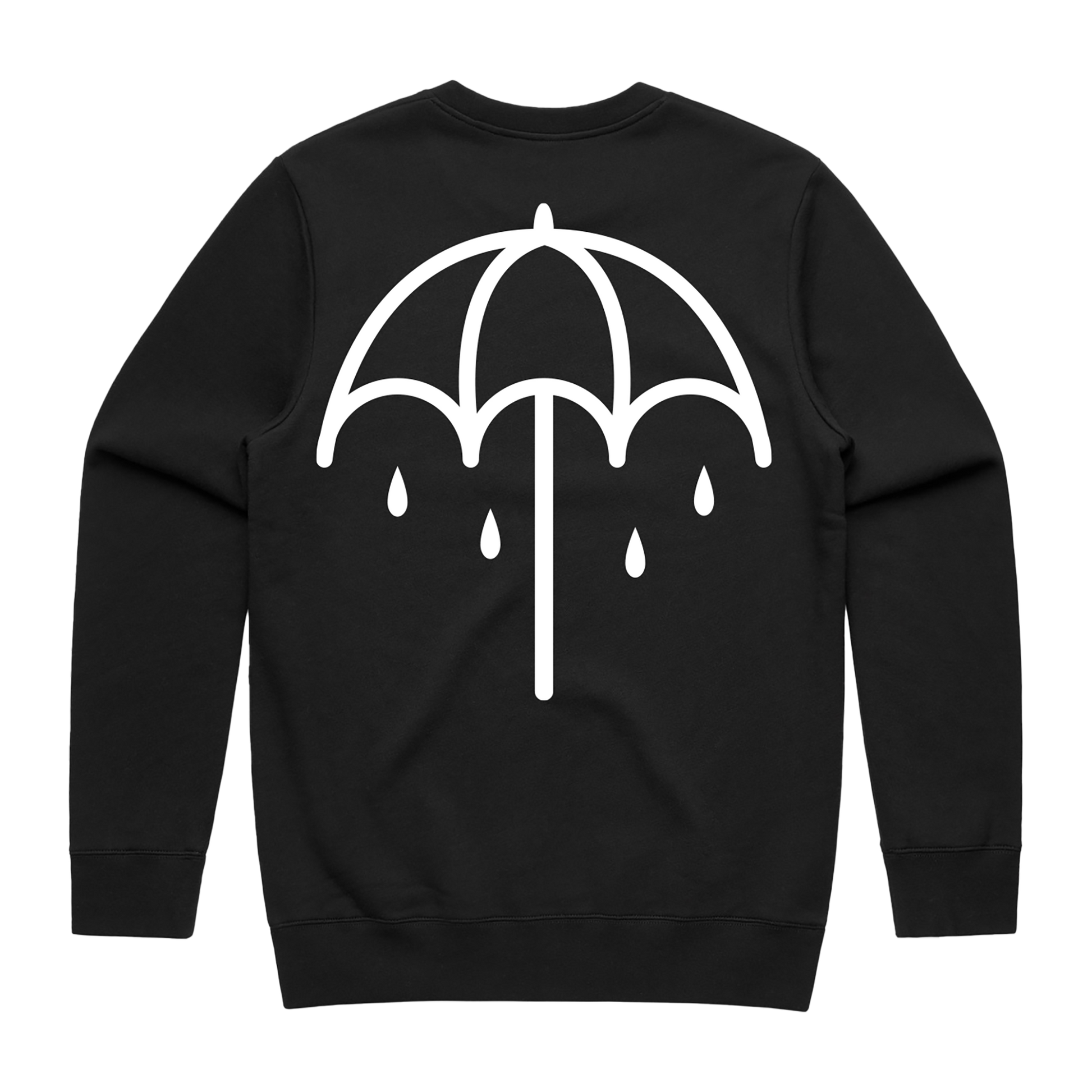 Black crewneck sweatshirt with a white umbrella print across the back.