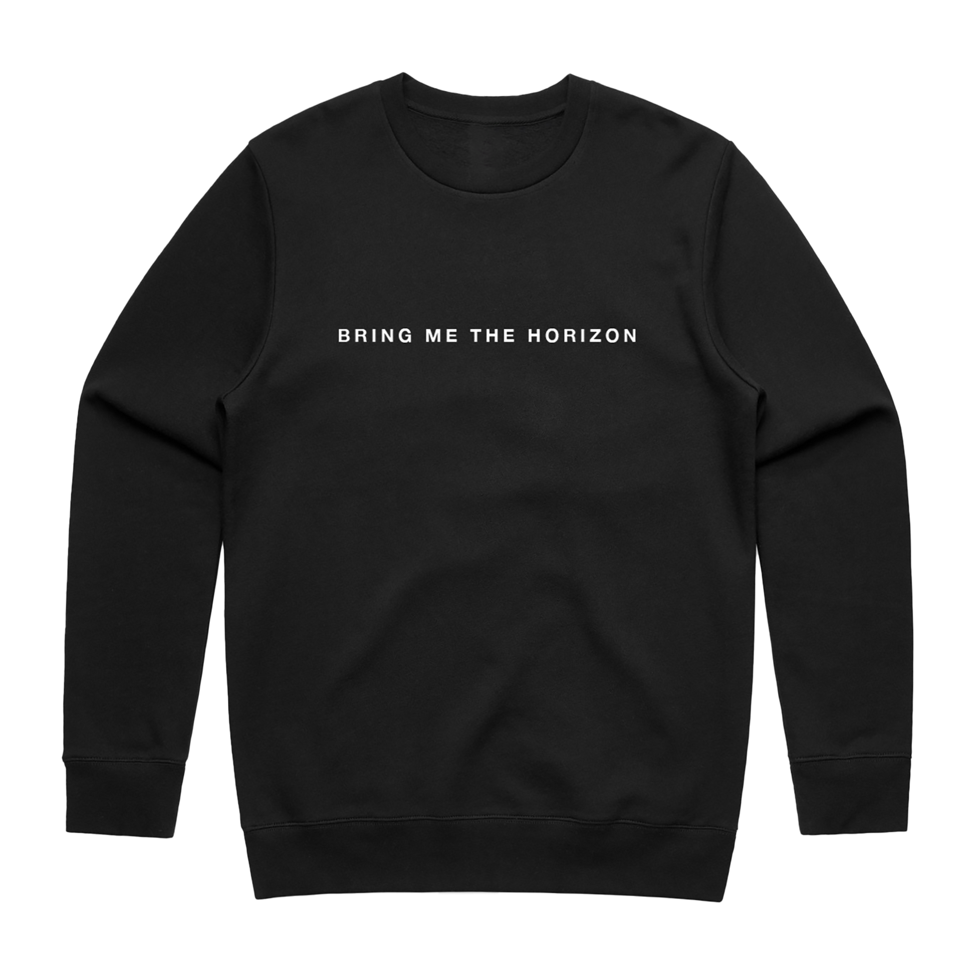 Black crewneck with white text reading “Bring Me the Horizon” across the chest.
