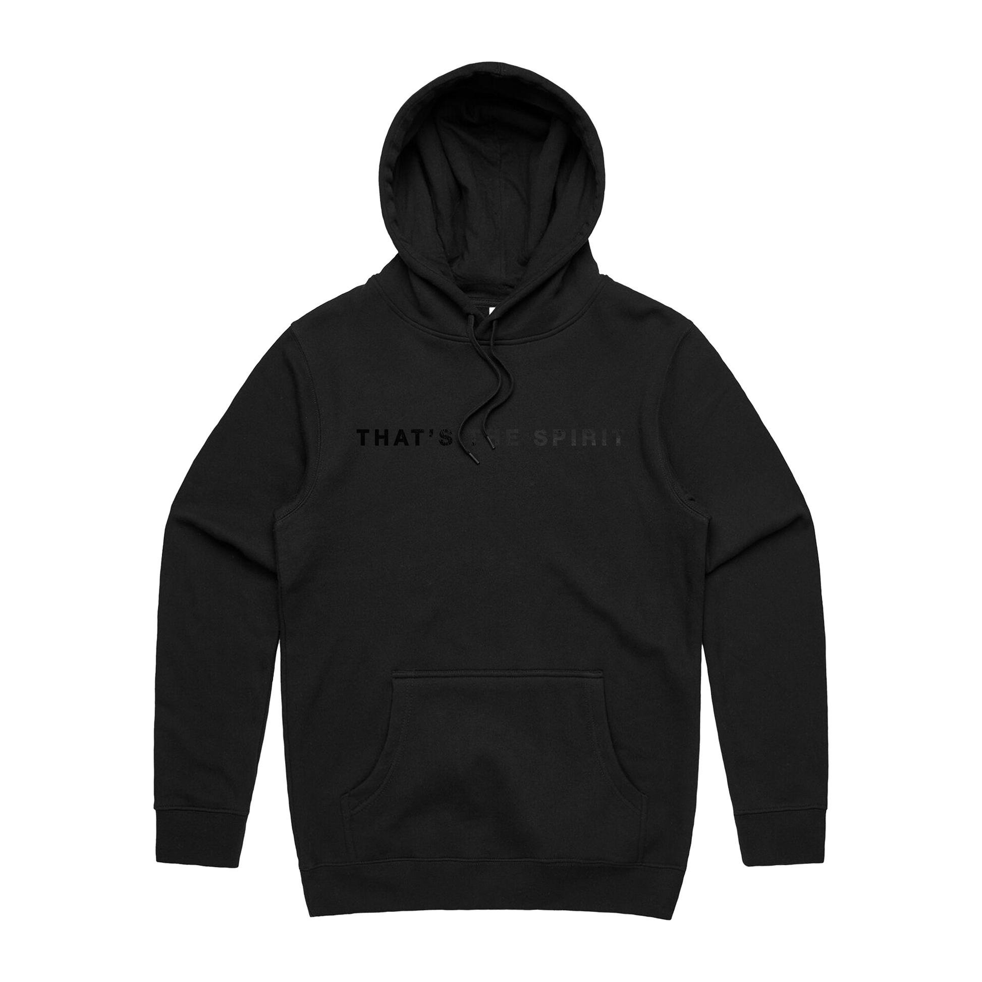 Washed black hoodie with a bold black 'That's the Sprit' text print across the front