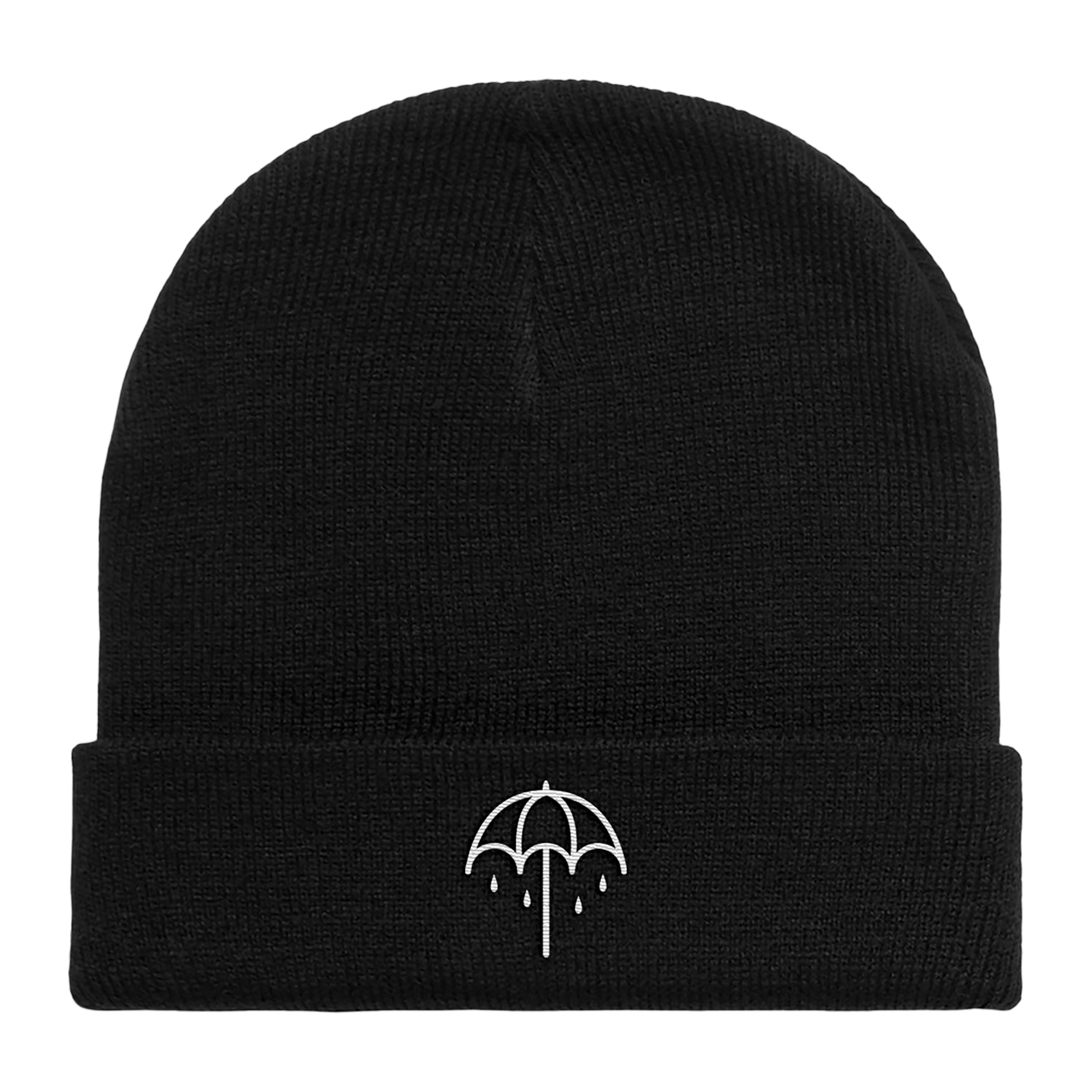 Black roll-up beanie with a white umbrella on the front cuff.