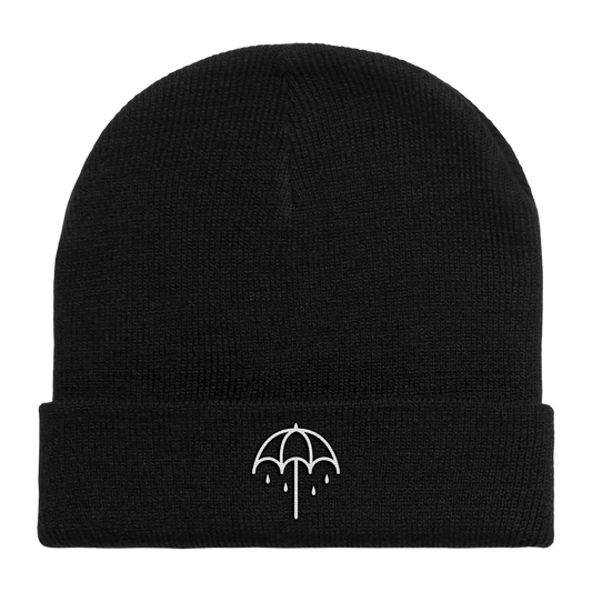 Black roll-up beanie with a white umbrella on the front cuff.
