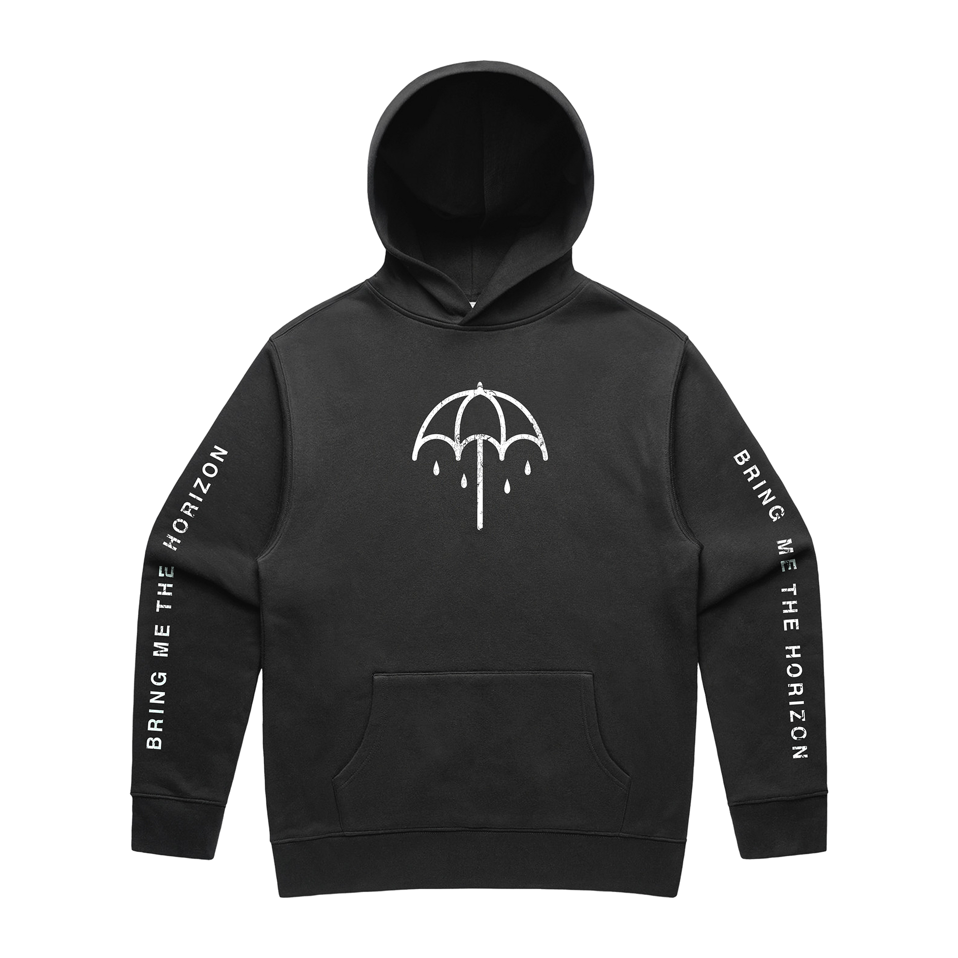Washed black hoodie with white Bring Me the Horizon text printed along both sleeves and a white umbrella print on the chest.