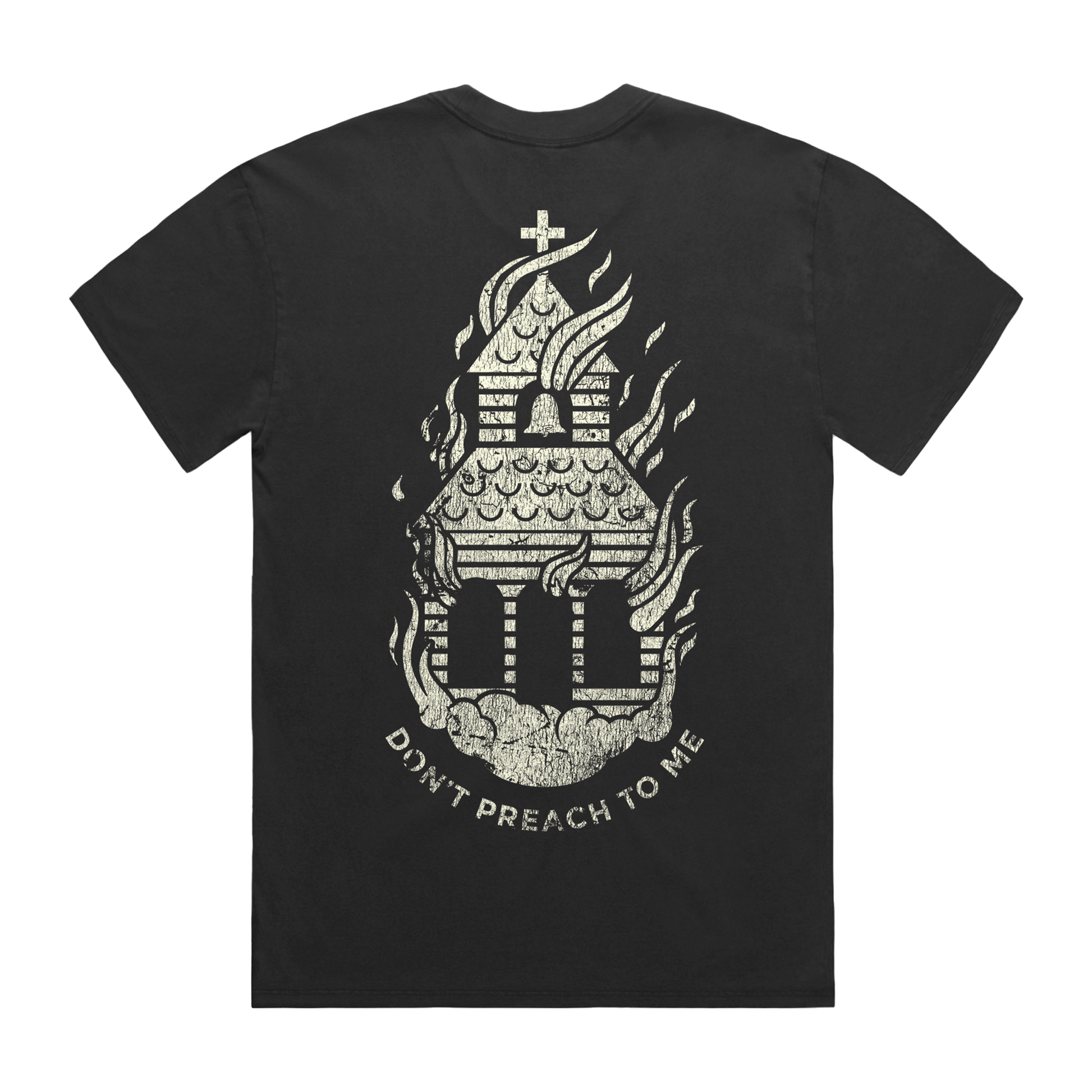 Black short-sleeve T-shirt with a BMTH “Don’t Preach Me” burning church print across the back.