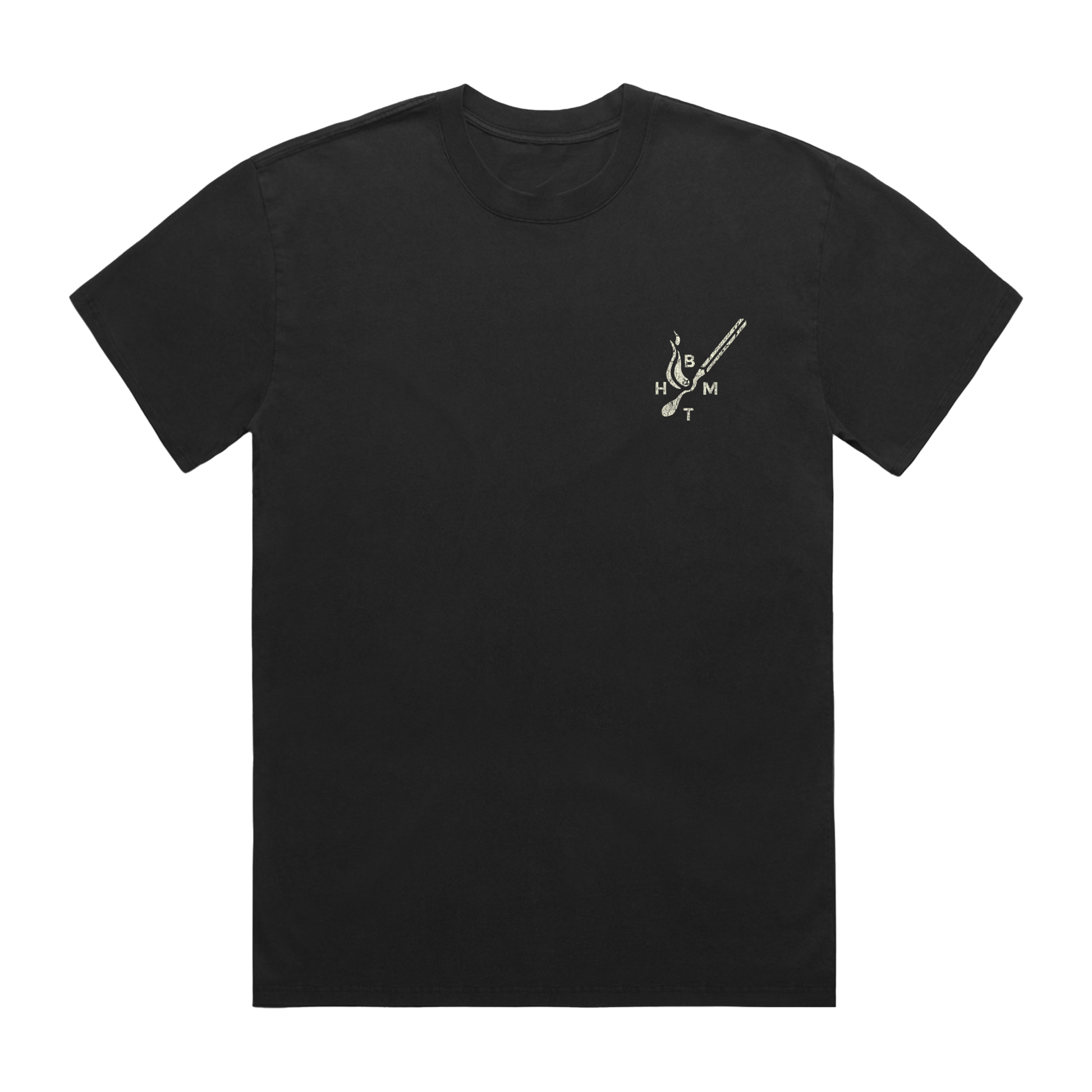 Black short-sleeve T-shirt featuring a BMTH matchstick print on the right chest.