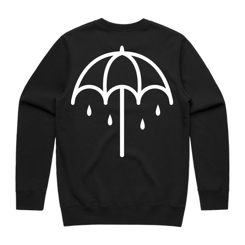 Black crewneck sweatshirt with a white umbrella print across the back.