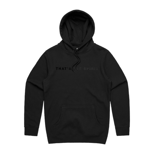 Washed black hoodie with a bold black 'That's the Sprit' text print across the front