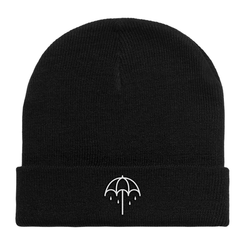 Black roll-up beanie with a white umbrella on the front cuff.