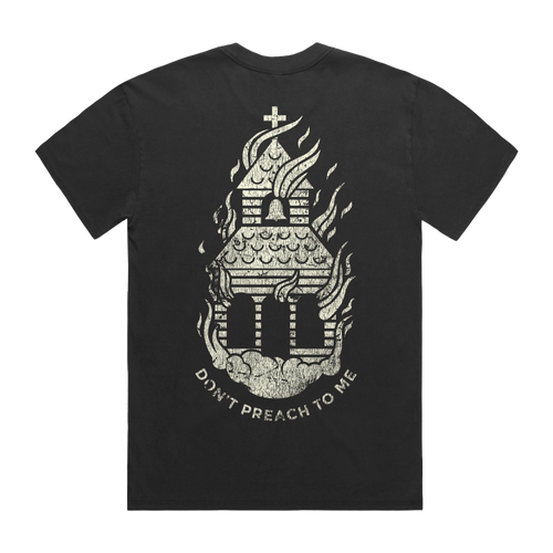 Black short-sleeve T-shirt with a BMTH “Don’t Preach Me” burning church print across the back.