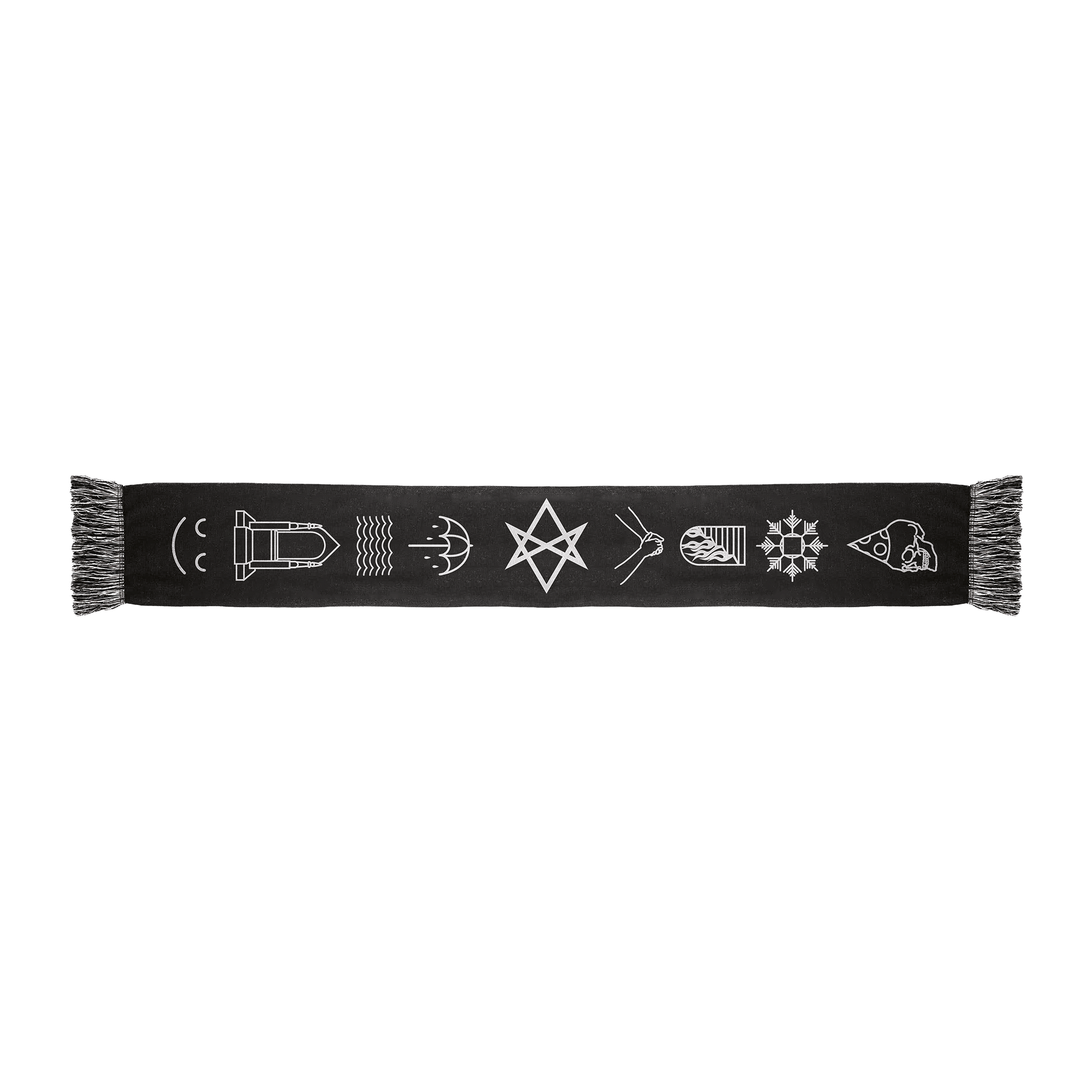 Black frill scarf featuring white “THAT’S THE SPIRIT” symbols 