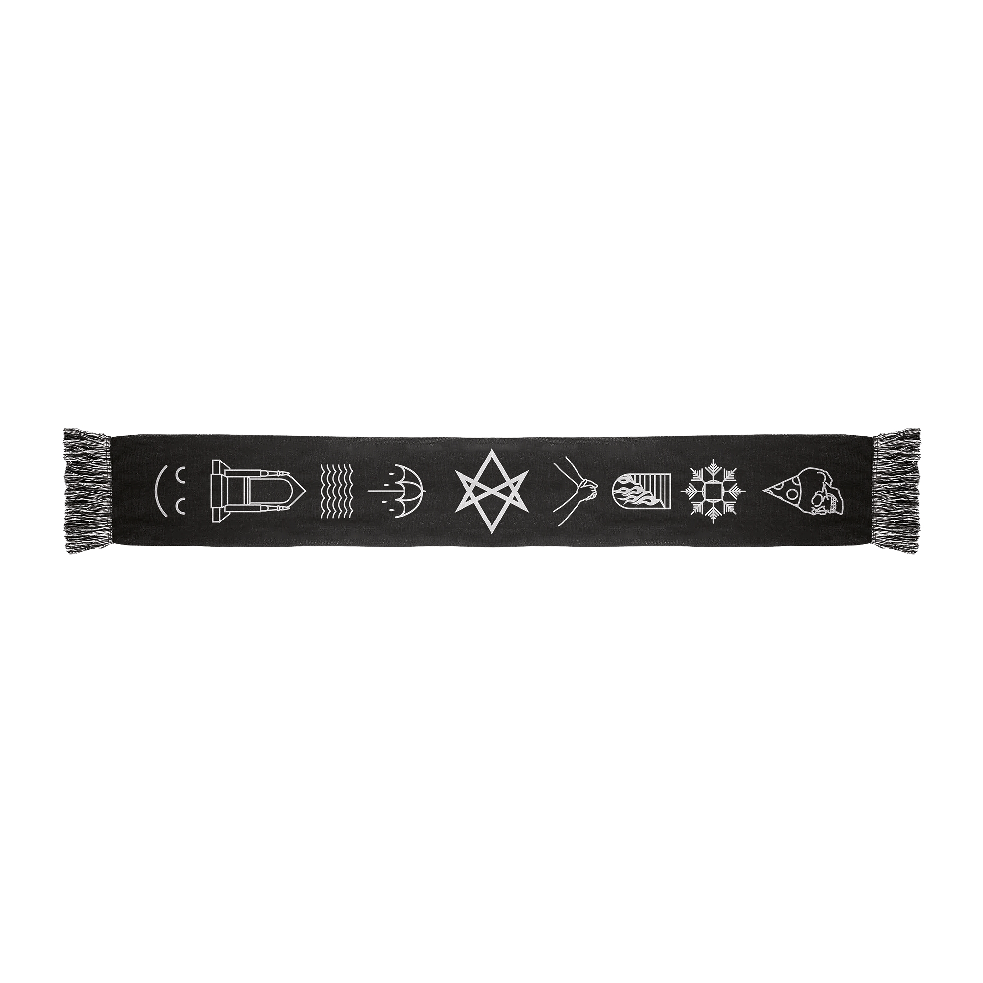Black frill scarf featuring white “THAT’S THE SPIRIT” symbols 